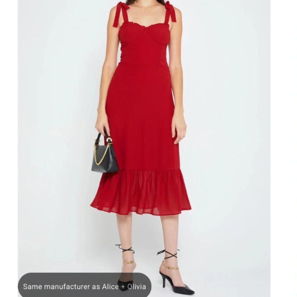 Alice + Olivia O.P.T. Corset Smocked Ruffle Red Midi Dress Medium New Cocktail - Picture 3 of 14